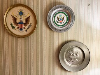 O/ 3 Collector Wall Plates Of Presidential Flag America United States - 1 Needlepoint, 2 Pewter/Metal