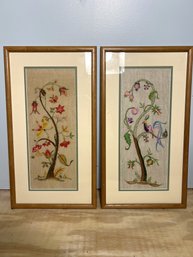 C/ 2pcs - Glass And Wood Framed Crewel-Embroidery - Tree And Floral Themes