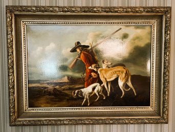 O/ Large 3'6' W Deep Ornate Framed Print Of Adriaen Beeldemaker's 'Hunting Dogs' Signed J. Harrison