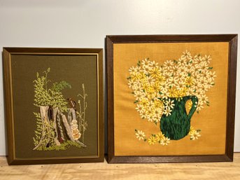 C/ 2pcs - Wood Framed Crewel-Embroidery  - Tree And Flowers Theme