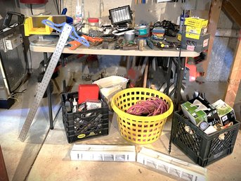 C/ Big Tool Hardware Lot - Mitre Saw, Heavy Duty Drill W Long Wood Bit, Task Light, Files, Saw, T Square Etc