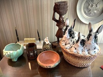 O/ 8 Pc Asstd Decor - Gump's 3 Ceramic Bunnies In Basket, Weller Art Pottery, Marble Pen Clock Desk Set Etc.