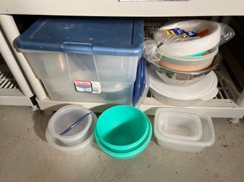 BL/ Bottom Shelf W 1 Plastic Tote & Some Loose Asstd Plastic Storage Containers & 1 Stainless Mixing Bowl