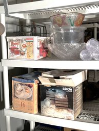 BL/ 2 Shelves Asstd Plastic Glasses & Bowls, Pasta Pots, Glass & Ceramic Dishes..etc