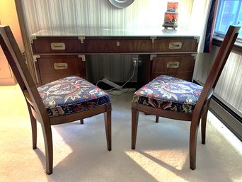 O/ 3 Pcs - Sophisticated 7 Drawer Desk By Henredon W Key & 2 Lovely Cane Back Fabric Seat Side Dining Chairs