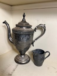 FR/ 2pcs - Silver Plate Coffee Pot W Bone-bakelite Accents On Handles & Small 'International Pewter' Creamer