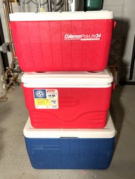 BL/ Trio Of Large Coleman Coolers - 2 Red, 1 Blue