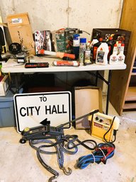 C/ 2 Box Plus Auto - Metal Sign, Floor Jack, Vector 12V DC Power Supply, Oil/LubeCleaners, Tow Rope, Flares