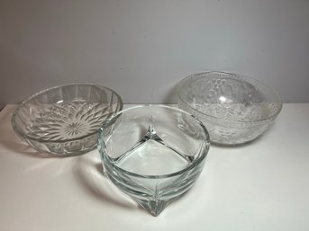 3 Assorted Round Glass Serving Bowls - 1 W Etched Name On Bottom, 1 W Square Base