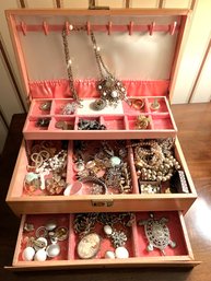 BR/ Vintage Tiered Jewelry Box Filled W Assorted Costume Jewelry - Necklaces, Clip Earrings, Brooches Etc