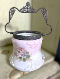 DR/ Victorian Biscuit Jar - Ornate Metal Handle, Hand Painted