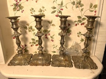 FR/ 4pcs - Tall Vintage Silver Plate Candle Sticks With Square Bases And Lots Of Detail