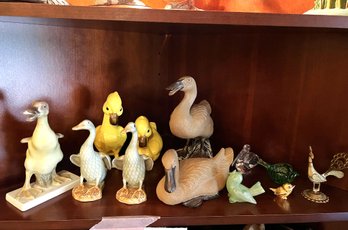 FR/ 12 Pcs - Shelf Of Asstd Bird Figures - Alabaster Bird, Rosenthal Duck, Brass Peacocks, Glass Pelican Etc