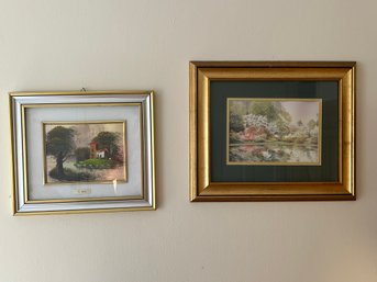 1B/ 2pcs - Framed Italian Painting By B. Solni And Gold Framed Print Of Swans