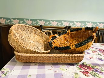 K/ 3 Assorted Large Sized Wicker Baskets - 2 Round W Handles, 1 Rectangle W Handles & Wood Interior