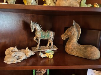 FR/ 4 Pcs - Shelf Of Asstd Animal Figures -  Horse Moon Collection Mexico, 3 Pgs Lladro, Donkey W Cart Etc.