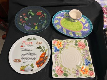 K/ 5 Pcs Serving Plates - Round Painted Glass, Oval Floral Chip & Dip, Floral Square, Round W Pizza Recipe