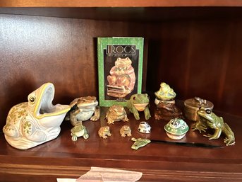 FR/ 15 Pcs  - Shelf Of Asstd Frogs - Italy, Peru, 3 Bronze X Karen Callan, Steiff, Letter Opener, 3 Boxes Etc