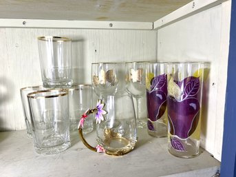 DR/ 9pcs - Gold Accented Drink Ware Lot Including 1 Glass Mug With Metal Painted Flowers - Unique!