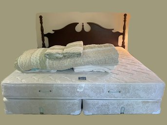 2B1/ Beautiful Dark Wood King Bed W Gardner Mattress, Box Spring (2pc), Metal Frame W Wheels, Bedding