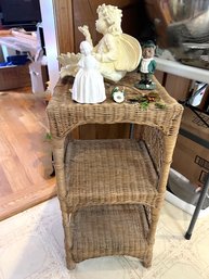 K/ 6 Pc Decor - Wicker 2 Shelf Stand, Hanging Glass Bird, White Girl Bell Goebel, Angel W Sunflower Dish Etc