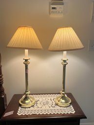 2B1/ Pair Of 2 Tall Candlestick Design Gold Metal Lamps With Matching Shades