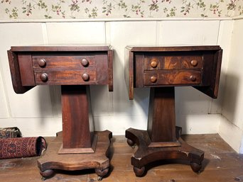 FR/ 2pcs - Antique Wood Empire Style Drop Leaf Side End Accent Tables On Wheels