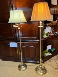 FR/ 2 Beautiful Brass Floor Lamps W Shades - 1 Swing Arm W Interior Glass Shade, 1 W Leave Design On Base