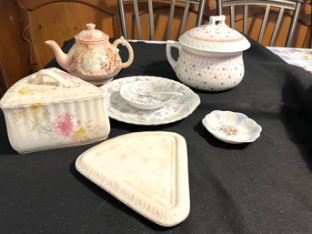 K/ 6 Pc Pretty Ceramics - Tea Pot, Covered Chamber Pot, Wedge Shape Cheese Plate W Cover, Floral Plate & Bowl.