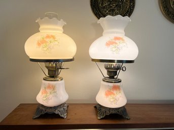 2B/ 2pcs - Matching Pretty Floral Hurricane GWTW Lamps With Brushed Gold Metal Bases