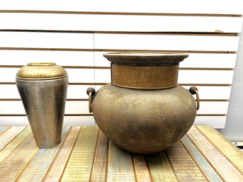 AD11/RER 2pcs: Hammered Metal Century Vase And Heavy Authentic Raku Urn