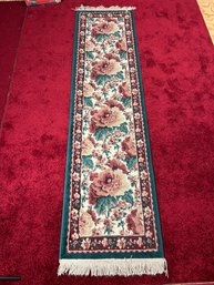 C/ Multicolored Runner Rug In Greens, Maroon And Cream With Cream Fringe Ends