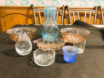 K/ 8 Pc Glass - 3 Pink Depression Glass, Blue Bedside Carafe & Glass, Sm Glass Ashtray, Tiny Vase, Etc