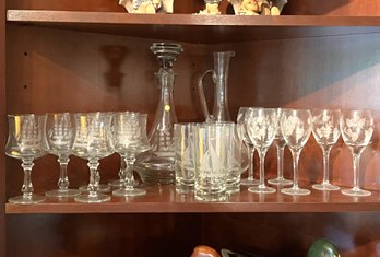 FR/ 19 Pc Etched Glassware - Ship Decanter & Glasses Romania, Sailboat Tumblers, Leaf Decanter & Glasses