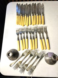 K/ Box 30pcs - Sterling Silver Collared Bakelite/bone Handled Knives & Forks, Sterling Weighted Candlesticks