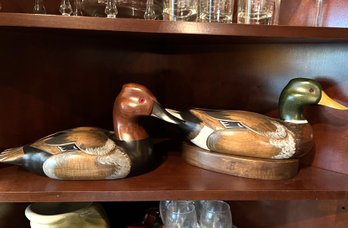 FR/ 2 Wood Carved Duck Decoys - The Wooden Bird Factory, Signed I. Esse '82 - Canvasback Drake & Mallard