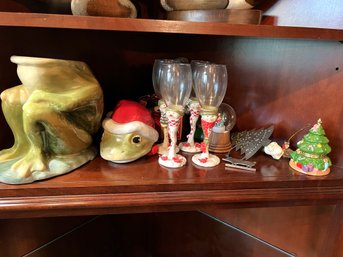 FR/ 14 Pc Xmas Decor - Xmas Tree Box, Snowman Wine Glasses, Snow Globes, Amer. Retro Lrg Frog Cookie Jar Etc