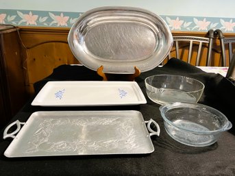 K/ 5 Pcs - Stainless & Hammered Aluminum Platters, Corning Ware Server, 2 Clear Glass Bowls 1 FireKing