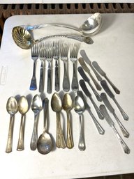 K/ Bag 25pcs - Vintage Assorted Silver Plate Flatware & 2 Large Serving Ladles: Reed & Barton, Rogers Etc