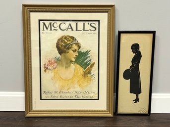 Framed Print McCall's Magazine Sept 1925 & Framed Silhouette Well Dressed Lady Signed Baron Scotford 1920