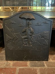 FR/ 1 Cast Iron Fireback - Design Shows A Chimney Sweep W Umbrella Atop An English Home