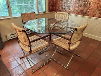 K/ Vintage Brass Frame Glass Top Octagon Table & 4 Bamboo Brass & Rattan Director Chair Style Dining Chairs