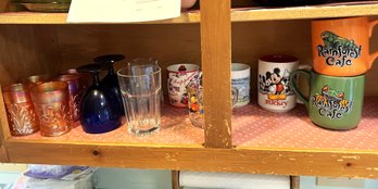 K/ Shelf 11 Mugs & Glasses - 5 Vintage Carnival Glass Glasses, 2 Cobalt Goblets, 1 Mickey Mouse 2 Rainforest M