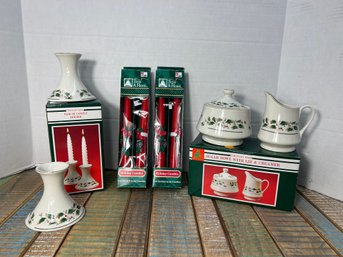 AD6/RER 7pcs: Christmas Holly Design Candlesticks, Sugar With Lid And Creamer, 2 Boxes Christmas Tapers