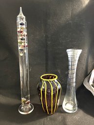 K/ 3 Pcs - Galileo Glass Liquid Thermometer, Art Glass Amethyst Vase Signed Numbered, Tall Blue & Clear Vase