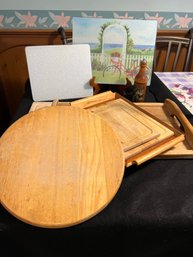 K/ 7 Pc Wood - Lazy Susan, 2 Trays, 3 Cutting Boards, Pepsi Pepper Grinder / 2 Pc Glass - Cutting Boards