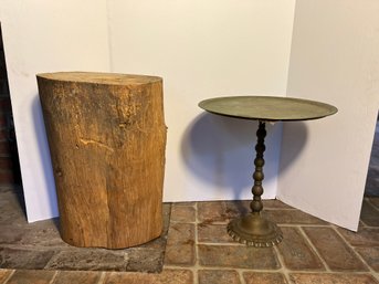 K/ 2pcs - Vintage/Antique Small Brass Round Table, Rustic Wood Accent Stump Table