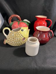 K/ 5 Ceramics - 4 Pitchers - Le Creuset Red, Apple Shaped Italian, Fish Shaped Andrea By Sadek, Sm Red Italy &