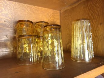 K/ Shelf 9pcs - Various Sizes Vintage Amber Thumbprint Glasses And 1 Bamboo Pattern Glass