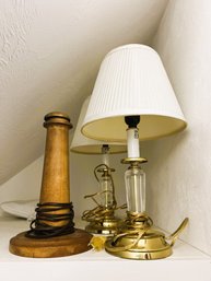 2B1/ 3pcs - Pair Of Glass And Gold Tone Matching Lamps & 1 Wooden Lamp